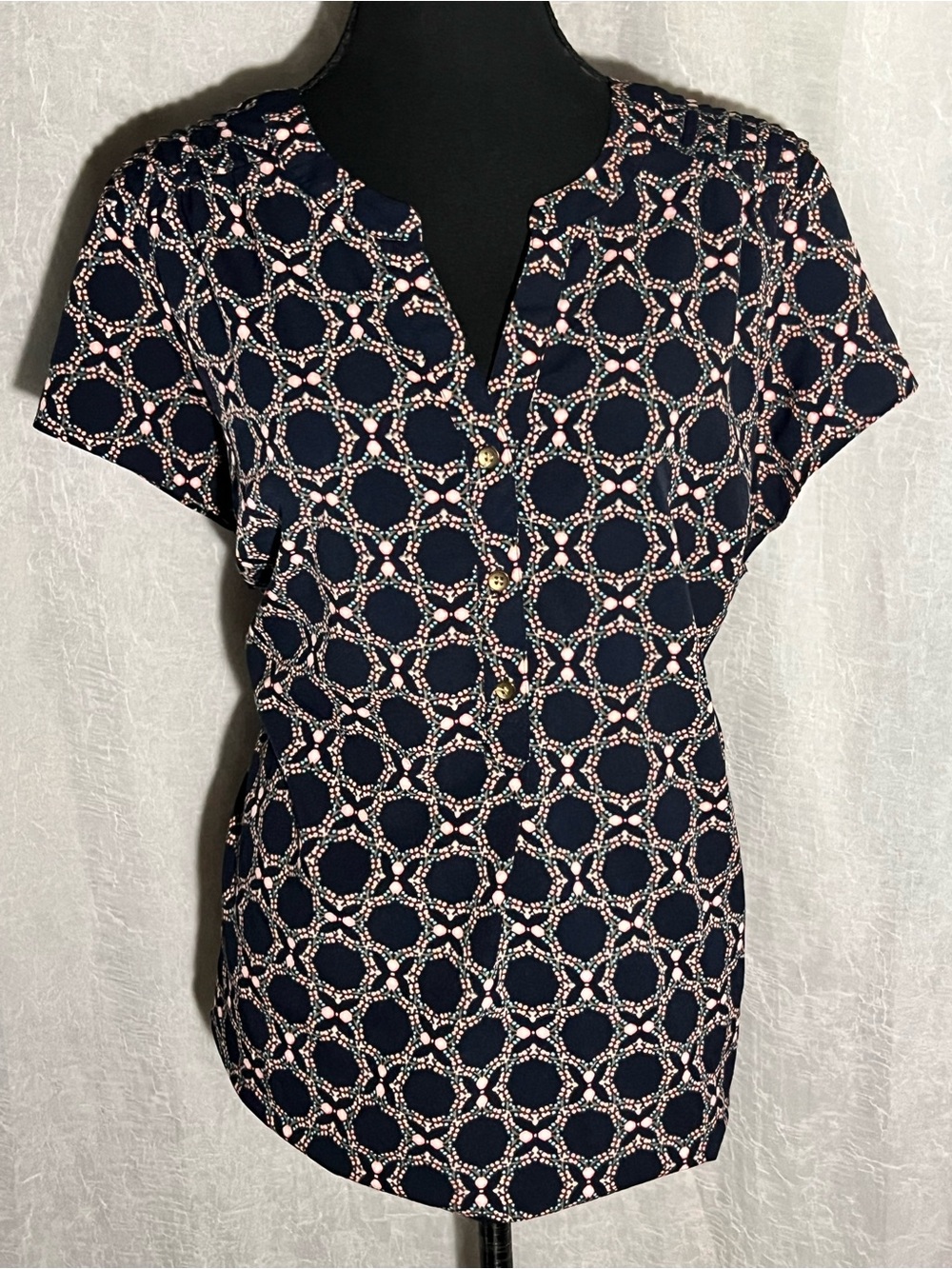 croft & barrow Navy Button-Front Short Sleeve Top with Pink Geometric Print